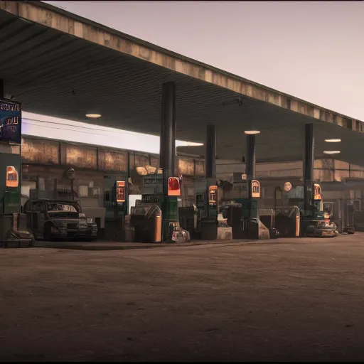 Image similar to dieselpunk fuel station, dirty cinematic scene, ultra realistic details, 8 k