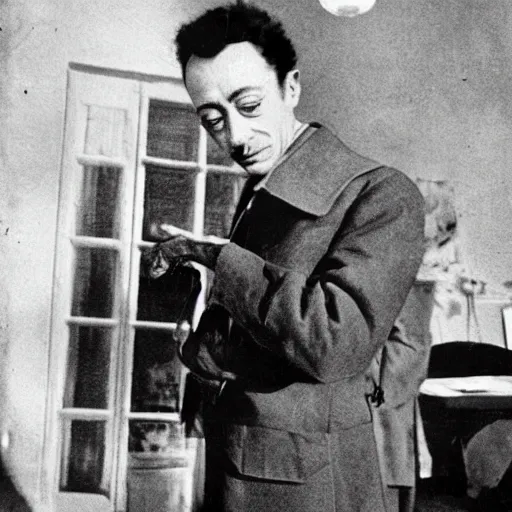 Prompt: a cat dressing like albert camus