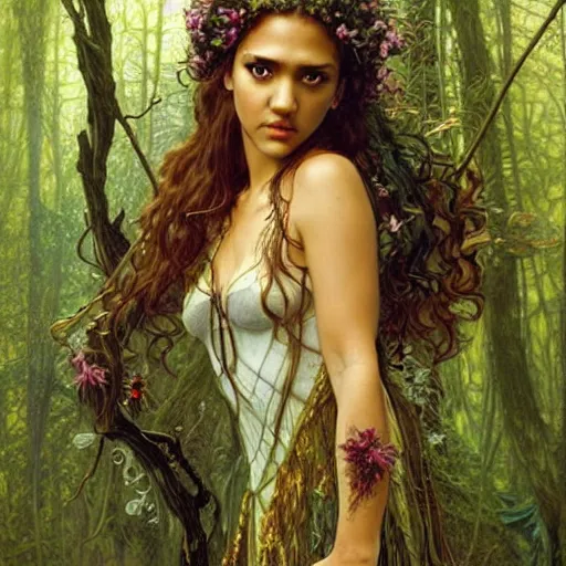 Image similar to head and shoulders portrait of a flowering fey fairy warlock portrayed by young jessica alba, in a magical forest, d & d, fantasy, luis royo, magali villeneuve, donato giancola, wlop, krenz cushart, hans zatka, klimt, alphonse mucha