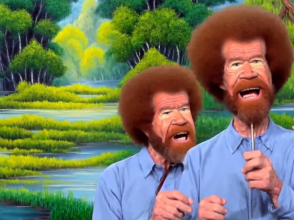 Image similar to old!!!! bob ross is sad and angry and yelling!!! at a huge painting of nature by bob ross