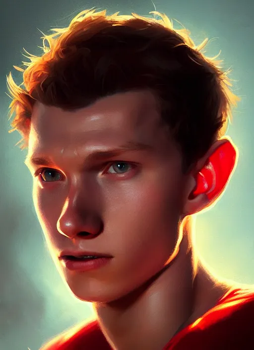 Image similar to portrait of tom holland with hazel eyes, hazel colored eyes, red shirt, intricate, elegant, glowing lights, highly detailed, digital painting, artstation, concept art, smooth, sharp focus, illustration, art by wlop, mars ravelo and greg rutkowski