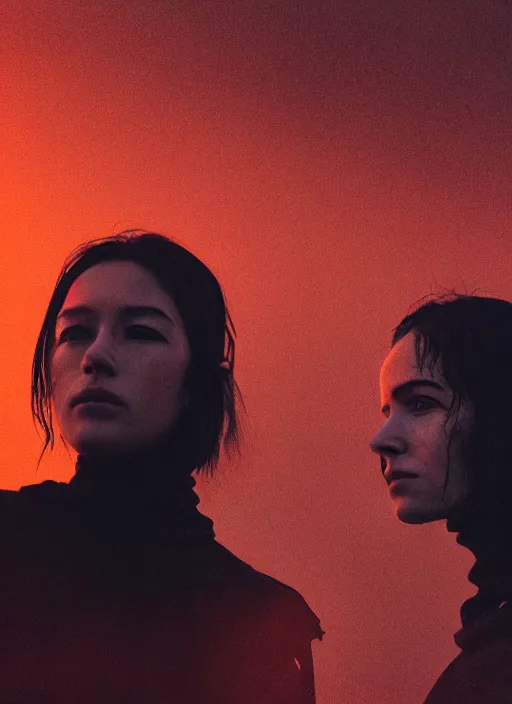 Image similar to cinestill 5 0 d photographic portrait of two loving female androids wearing rugged black techwear on a desolate plain with a red sky, extreme closeup, cyberpunk style, in front of a brutalist dark metal facility, dust storm, 8 k, hd, high resolution, 3 5 mm, f / 3 2, ultra realistic faces, ex machina