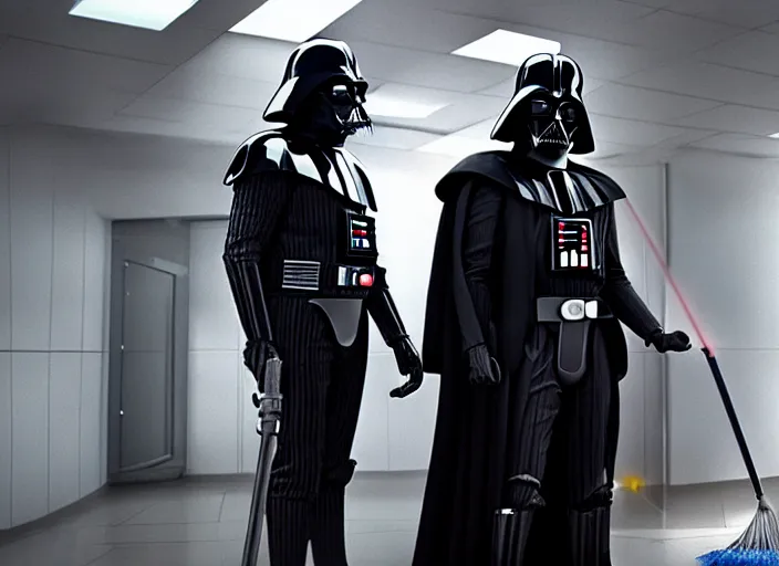 Image similar to film still of Darth Vader working as a janitor in the new Star Wars movie, 4k