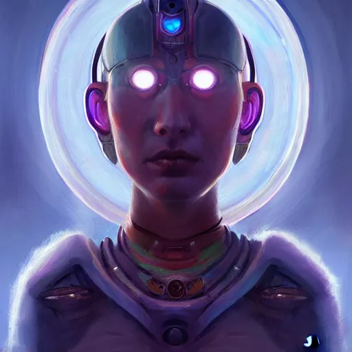 Image similar to portrait of a future metaverse cyborg tech shaman warrior by Mandy Jurgens, 2D cartoon, flat cartoony, oil painting visionary art, symmetric, Magick symbols, holy halo, shipi bo patterns, sci-fi