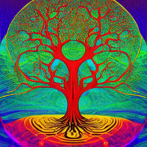 Image similar to the tree of knowledge, the tree of life, amazing art, organic complexity, digital art, incredible details, intrincate details, polygons, smooth network, colorful