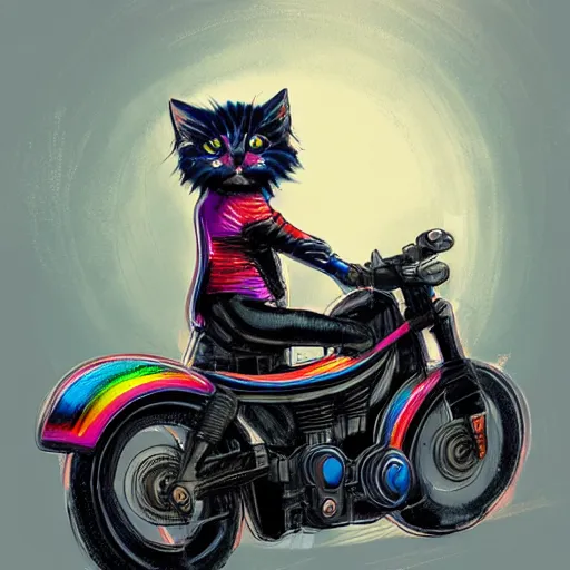 Image similar to wide angle full body, jacket wearing fluffy cute rainbow kitten wearing a black leather motorcycle jacket, riding on a motorcycle, cinematic concept art