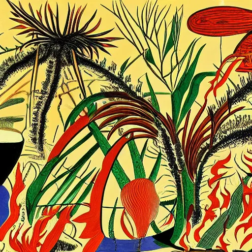 Image similar to highly detailed graphic poster depicting the end of the world, fire, done in the style of old botanical illustrations, matisse, caravaggio, basquiat, japanese art, 4 k