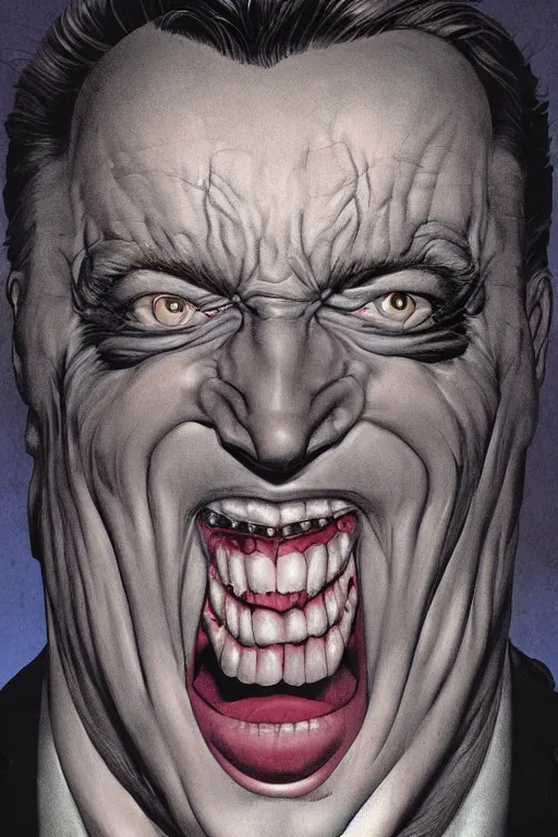 Prompt: digital portrait of an insane smiling man by brian bolland, rachel birkett, alex ross, and neal adams | centered, deviantart, artgerm