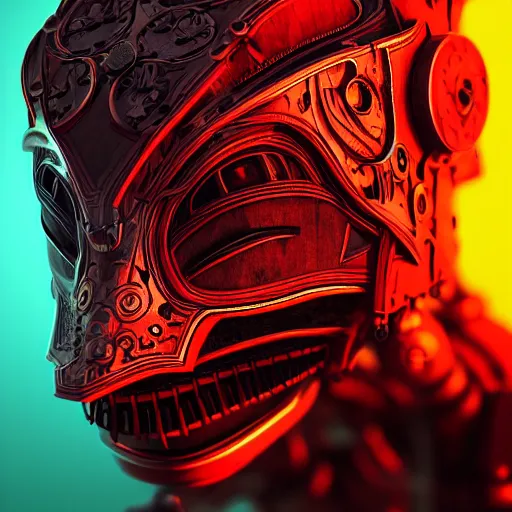 Prompt: cyberpunk tribal mask, robot, japanese pottery, vivid colors, wood, metal, intricate details, trending on cgsociety, concept art, glowing eyes, sharp focus, ultra realistic details, cinematic atmosphere, global illumination, shadows, octane render, 8 k