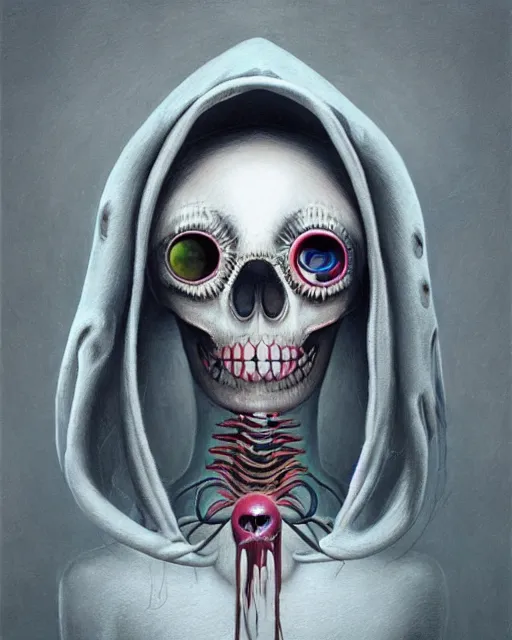 Prompt: a surrealistic head and shoulder painting of a gorgeous female skeleton with cat eyeballs and lipstick and hoodie, in the style of zdzislaw beksinski, digital art, detailed masterpiece