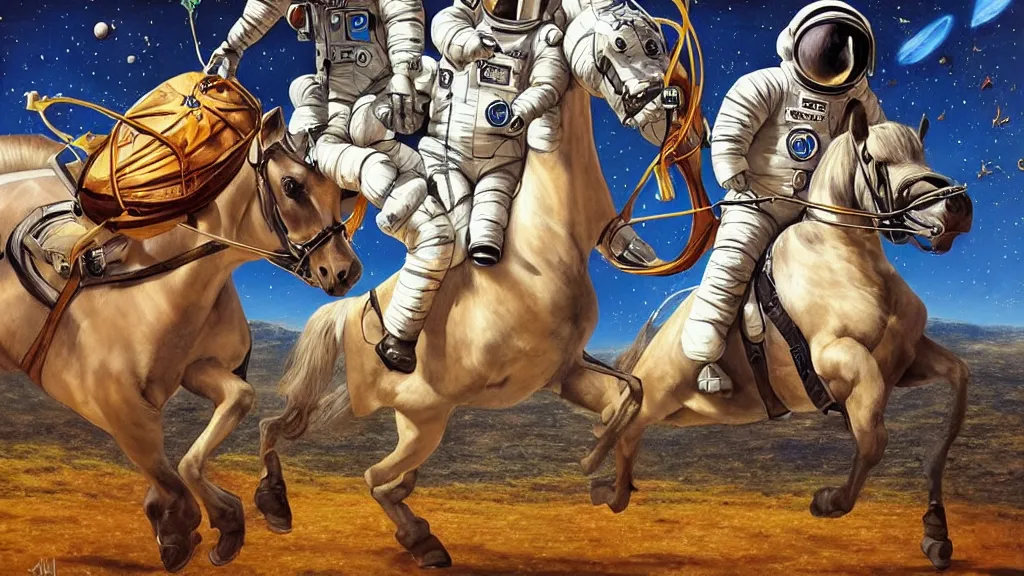 Image similar to an astronaut holds a horse, a horse is a ball, a horse riding an astronaut, art by cheval michael