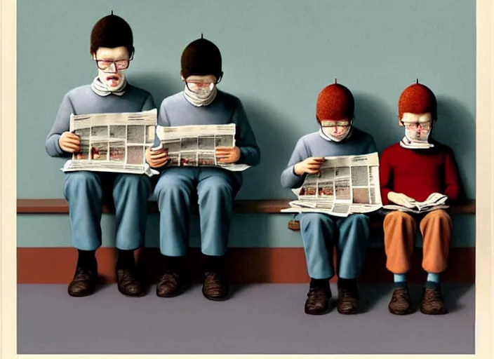 Image similar to a very boring day in school, kids wearing identical clothes reading newspapers, painting by quint buchholz and ray caesar, muted colors, gray, dull, boring, low energy, pale blue faces, very detailed