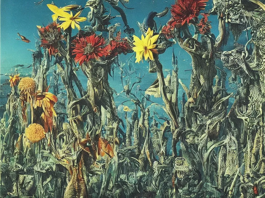 Prompt: photo from 1 9 7 8 of alien landscape painting of exotic flowers and surreal bird creatures by max ernst