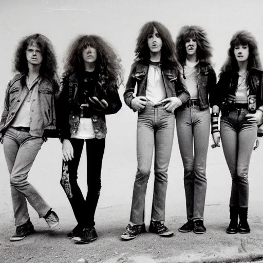 Image similar to group of 1 9 - year - old girls with shaggy wavy hair, wearing double denim, proto - metal band promo, heavy rock band promo photo, 1 9 7 5 photo
