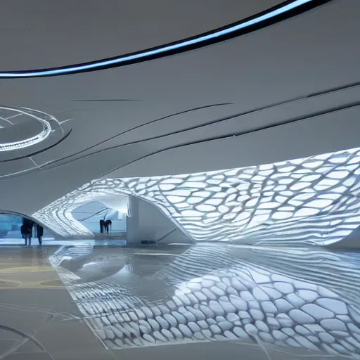 Prompt: extremely detailed stunning beautiful futuristic museum interior by Zaha Hadid, smooth curvilinear dragonfly wings pattern