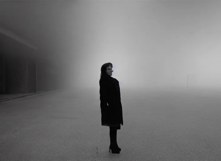 Prompt: cinematic portrait of olivia coleman standing outside in a foggy desolate eerie department store empty parking lot, one car, paranoia everywhere, scene from the tense thriller film directed by stanley kubrick, detailed portrait photo, volumetric hazy lighting, anamorphic lens, moody cinematography, 3 5 mm kodak color ektochrome