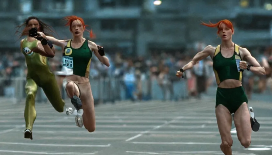 Image similar to The matrix, LeeLoo, Starship Troopers, Clarice Starling, The Olympics footage, hurdlers in a race, intense moment, cinematic stillframe, shot by Roger Deakins, The fifth element, vintage robotics, formula 1, starring Geena Davis, clean lighting