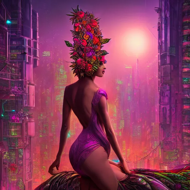 Image similar to Beautiful 3d render of the flower queen goddess in a sensual pose, in the style of Dan Mumford, with a crowded futuristic cyberpunk city in the background, astrophotgraphy