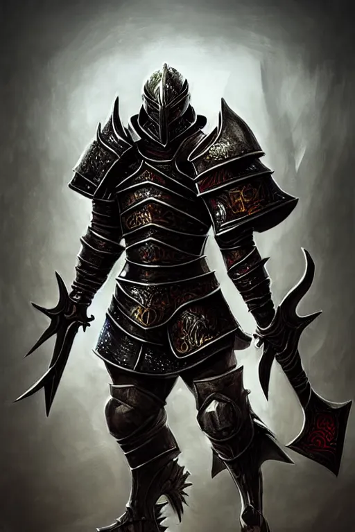 Prompt: videogame card painting of an elegant black steel - plate armor artstation, rpg, digital art, vibrant & colorful background, dark souls, runescape, skyrim, final - fantasy, diablo - 3
