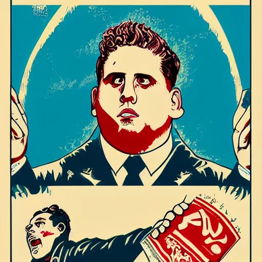 Image similar to NO JONAH HILL ALLOWED. JONAH HILL is the subject of this ukiyo-e hellfire eternal damnation catholic strict propaganda poster rules religious. WE RULE WITH AN IRON FIST. mussolini. Dictatorship. Fear. 1940s propaganda poster. ANTI JONAH HILL. 🚫 🚫 JONAH HILL. POPE. art by joe mugnaini. art by dmitry moor. Art by Alfred Leete.