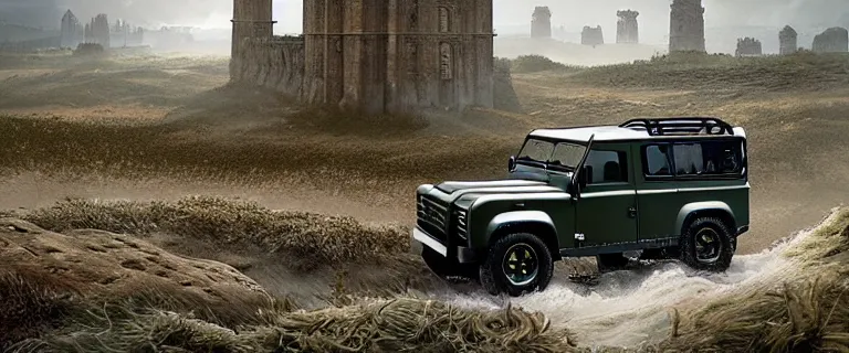 Image similar to Land Rover Defender 110 (1985), an epic fantasy, dramatic lighting, cinematic, establishing shot, extremely high detail, photorealistic, cinematic lighting, artstation, by simon stalenhag, The Elder Scrolls IV: Oblivion, Green Cyrodiil plains, Imperial City with the Adamantine Tower in the middle in the distance, at day