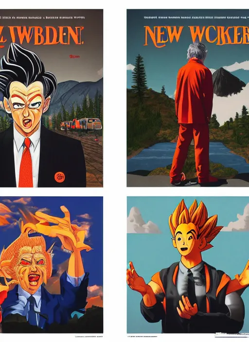 Image similar to Twin Peaks art, of Goku standing in line at McDonalds wanting to order a Big Mac, poster artwork by Sam Weber, Laurent Durieux from scene from Twin Peaks, from scene from Twin Peaks, clean, New Yorker magazine cover