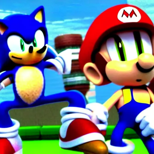 Prompt: film still of sonic the hedgehog and super mario fighting to tye death