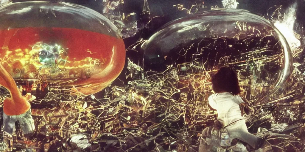 Image similar to hyperrealist studio ghibli dull colors pov shot from close encounters of the third kind 1 9 7 7 of a warped scientist rocketing through a snake bubble.