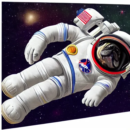 Image similar to hyper realistic, highly detailed, astronaut pug in space.