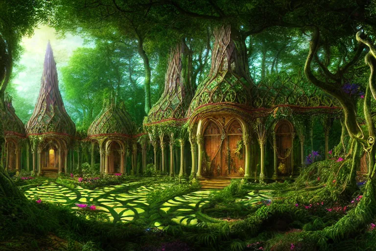 Prompt: a beautiful and highly detailed digital painting of an elven palace in a beautiful garden in a mystical forest, psychedelic patterns, celtic designs, intricate details, epic scale, cgsociety, 8 k, sharp focus, hyperrealism, by caspar friedrich, albert bierstadt, james gurney, brian froud,