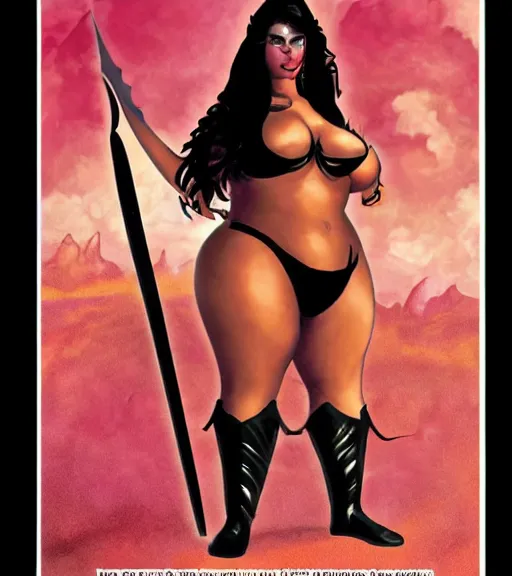 Image similar to 1 9 8 0 s fantasy novel book cover, bbw plus size amazonian selena gomez in extremely tight bikini armor wielding a cartoonishly large sword, exaggerated body features, dark and smoky background, low quality print