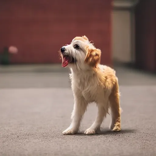 Image similar to photo of maltese puppy dog standing on hind leg begging for food, photorealistic