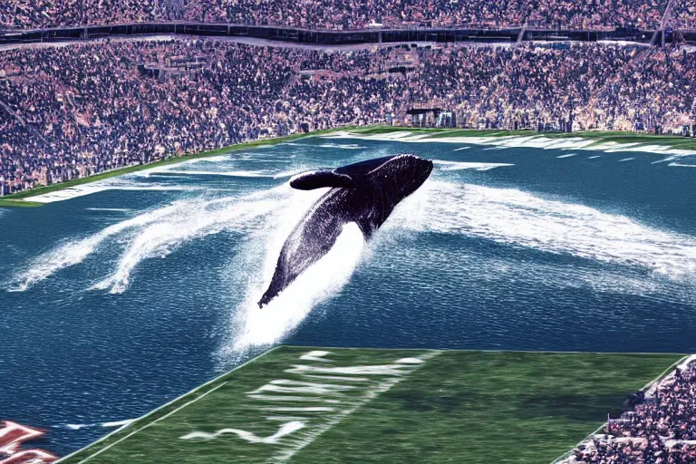 Image similar to a humpback whale flying in the air over an nfl football stadium ultra detailed realistic photograph cinematic lighting