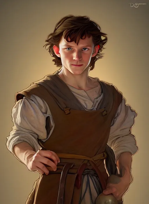 Image similar to cute tom holland medieval peasant, natural lighting, path traced, highly detailed, high quality, digital painting, by don bluth and ross tran and studio ghibli and alphonse mucha, artgerm