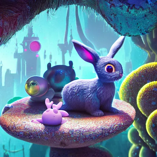 Image similar to fourth dimension, expressive eyes, floating, rbc, bunny, radiolaria, protophyta, micro - organisms, center frame, symmetric, rim light, marine microbiology, bioluminescence, electric, fur, soft, concept art, intricate details, highly detailed, colorful, photorealistic, disney pixar, octane render, iridescent, anime