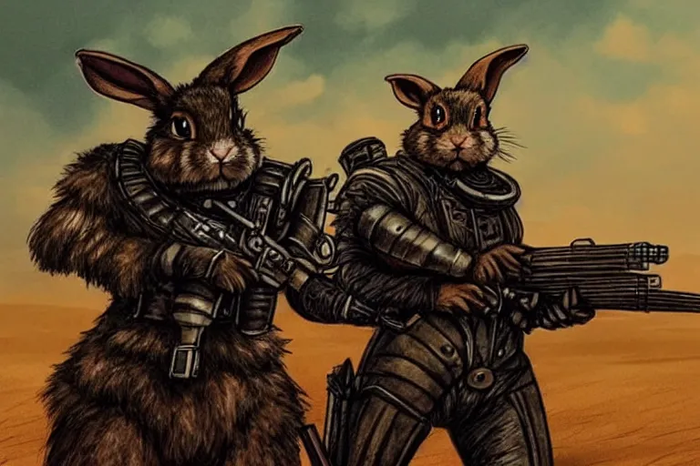 Image similar to a good ol'rabbit fursona ( from the furry fandom ), heavily armed and armored facing down armageddon in a dark and gritty version from the makers of mad max : fury road. witness me.