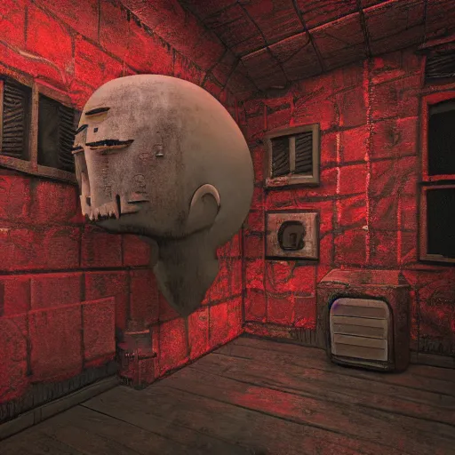 Image similar to big mickey mouse head in abandomed red workshop, creepy atmopshere, realistic, 8 k, detailed, art, lab,