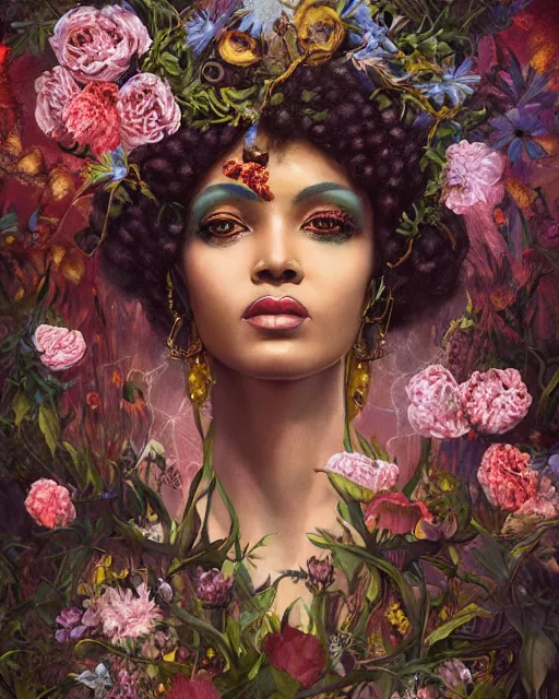 Prompt: portrait of the africo - american queen of the underworld, surrounded by flowers by karol bak, james jean, tom bagshaw, rococo, sharp focus, trending on artstation, cinematic lighting, hyper realism, octane render, 8 k, hyper detailed.