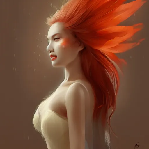 Prompt: prompt A beautiful portrait of a white red orange kumiho, stunning gorgeous cute asian face, translucent silky dress, a bra in the shape of peacock feathers, close up front view, long clumpy hair in the shape of fox tail, backlit, concept art, matte painting, by Peter Mohrbacher