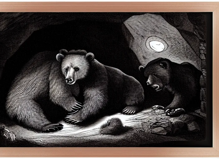 Image similar to Pieter Claesz's 'a bear and her cub sleeping in a dark cave, lit by hole in roof', night time, cross hatching, backlit, beautiful wooden frame, monochrome, colours of the sunset