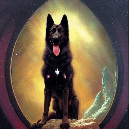 Image similar to a portrait of a man depicted as a black german shepherd dogman canine, star trek the next generation. highly detailed painting by gaston bussiere, craig mullins, j. c. leyendecker