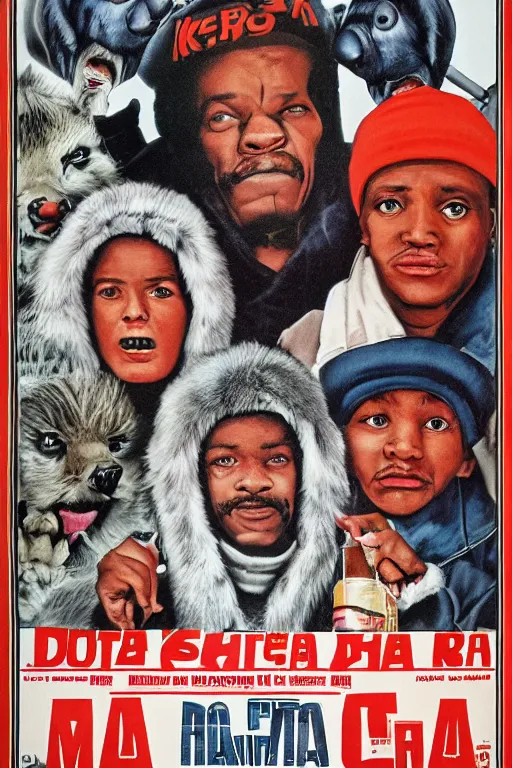 Image similar to poster the movie 1 9 8 8 ussr don't be a menace to south central while drinking your juice in the hood, perfect symmetrical eye, gray fur hat soviet soviet russian winter fur cap with earflaps ushanka, bottle of vodka, bears, kremlin babushka communist criminal