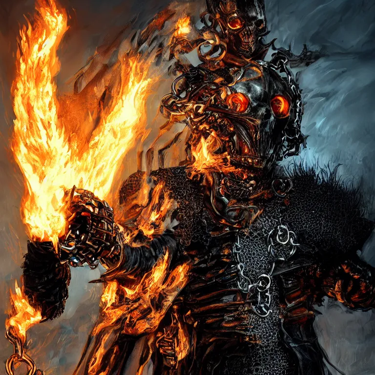 Image similar to Ghost Rider wearing a leather coat and chains, flaming grim reaper, demons of hell, the pits of hell, headshot photo, character concept, dark souls concept art, Feng Zhu concept art, dramatic lighting, highly stylized, trending on artstation, high-quality wallpaper, desktopography