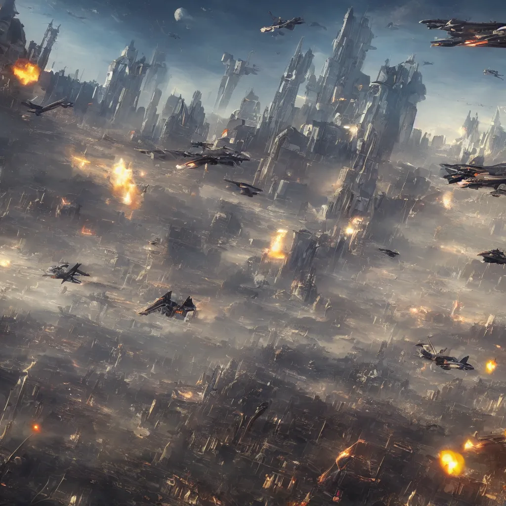 Image similar to [six giant futuristic scifi-bombers] in the center, [a baroque cyberpunk city skyline in the background], [explosions and fire]