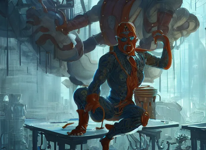 Image similar to an insanely detailed painting of an asian man wearing a homemade superhero costume, sitting at a desk, staring seriously at the computer and typing, in the style of peter mohrbacher, james jean, artgerm, dramatic lighting and composition, surreal background, octane render, pixar, trending on artstation, concept art, comic book, view from behind, 8 k