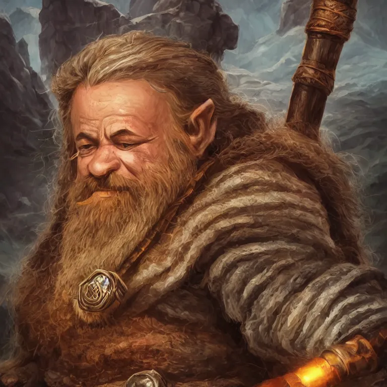 Image similar to dwarf with hammer in mountains, lord of the rings style, fantasy, poster, character portrait, portrait, close up, concept art, intricate details, highly detailed, full body, 8 k, detailed face, body