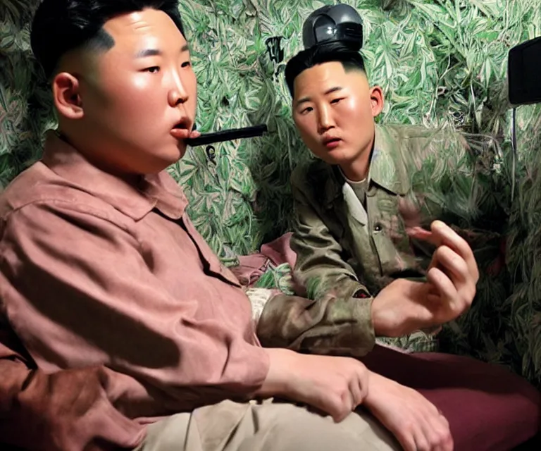 Image similar to hyperralism weed express ( 2 0 0 8 ) movie still photography of realistic detailed north korean kim chen with detailed face smoking high detailed weed and reviewing weed bush in detailed basement bedroom ultra violet light