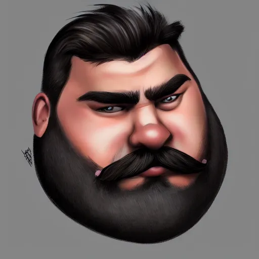 Image similar to face portrait a big beefy man with a large face, thick dark hair, a bushy black moustache, no beard, with hardly any neck and mean little eyes, highly detailed, digital art, sharp focus, trending on art station, drawing