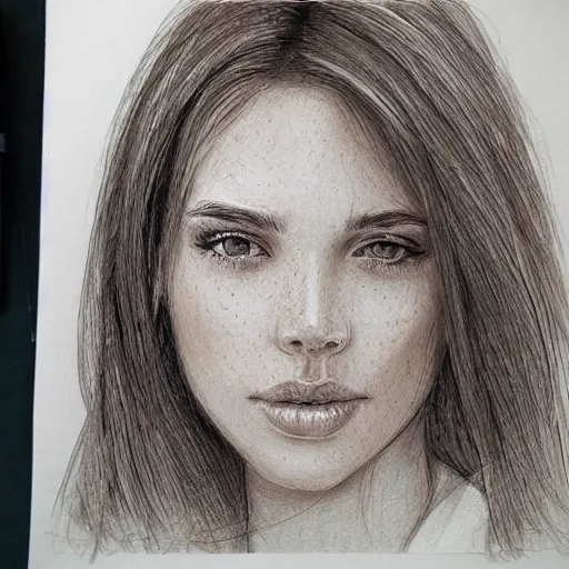 Image similar to beautiful young woman face with light freckles artist sketch closeup