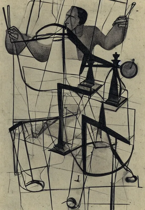 Image similar to a concept drawing of marcel duchamp holding up a chess - piece wire - machine, a surrealist painting by marcel duchamp, complex artificial - intelligence machinery, minimal sketch flow - chart, academic art, 1 9 2 0 s